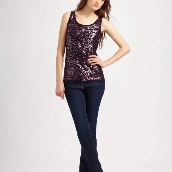 EILEEN FISHER 100% BLACK MERINO WOOL & PURPLE SEQUIN TOP SIZE LARGE - Picture 5 of 16